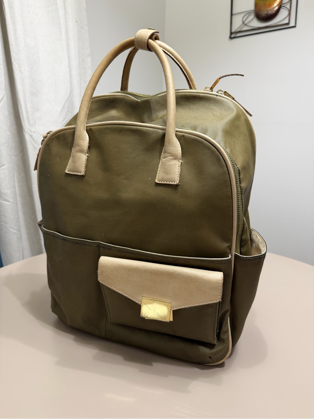 India Hicks Olive Green Backpack with Beige Trim